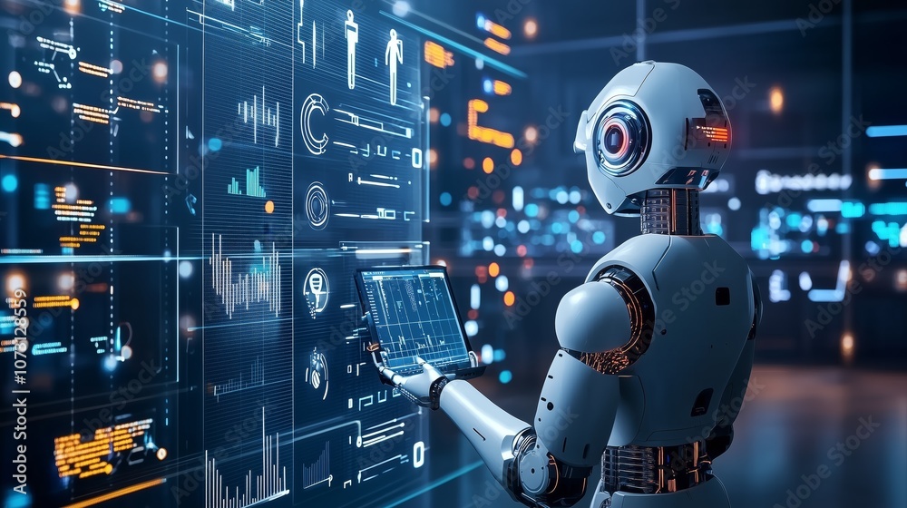 Poster digital landscape of interconnected devices: a futuristic robot engaging with advanced technology in