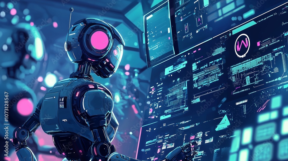 Poster digital illustration of futuristic robots interacting in a high-tech environment with advanced scree
