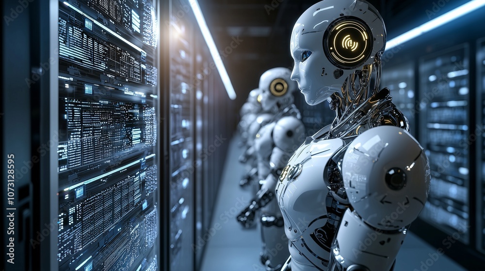 Poster digital rendering of advanced ai robots collaborating in a high-tech data center environment with fu