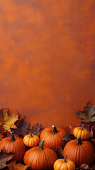 Cozy Thanksgiving background featuring pumpkins and autumn leaves. warm orange backdrop enhances seasonal feel, perfect for festive celebrations