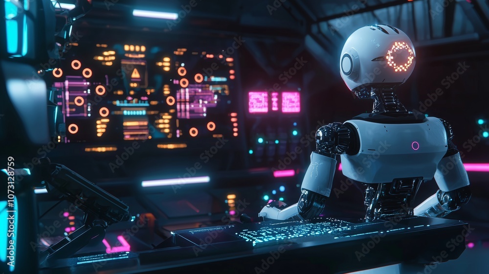 Poster futuristic digital workspace with ai robot interacting with advanced technology and vibrant colors i