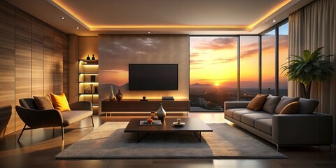 Modern Living Room Silhouette with Large TV Screen, Stylish Furniture, and Ambient Lighting - A Trendy Space for Relaxation and Entertainment in Contemporary Design