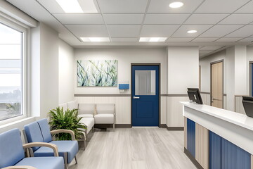 Fototapeta premium A sterile hospital room with a single bed, medical equipment, and windows overlooking trees.