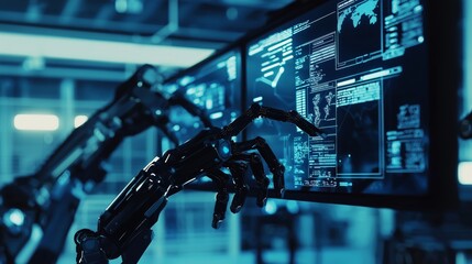 Futuristic Scene Featuring Robotic Arms Engaged in Manipulation of High-Tech Data Displays in a Modern Laboratory Environment