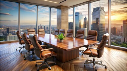 Modern Minimalist Conference Room with Sleek Wooden Table, Leather Chairs, and Floor-to-Ceiling Windows Overlooking a Scenic Cityscape, Perfect for Professional Meetings and Collaboration
