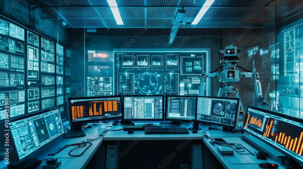 Poster high-tech control room featuring advanced robots and futuristic technology with multiple monitors di