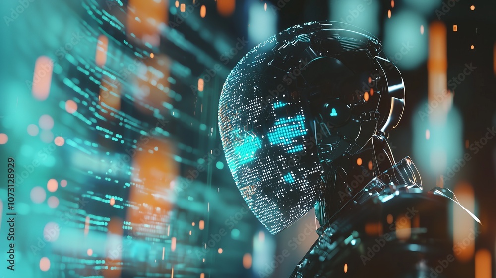  a futuristic robot analyzing large data sets in a digital environment with vibrant colors and dynami