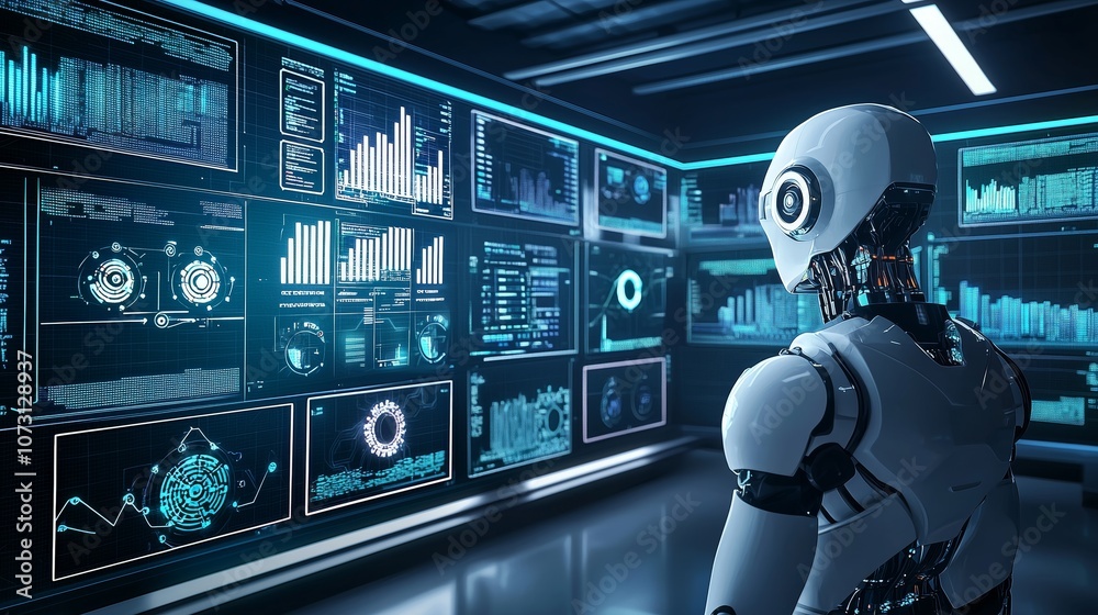 Poster advanced control room showcasing sleek ai robots interacting with high-tech data displays for enhanc
