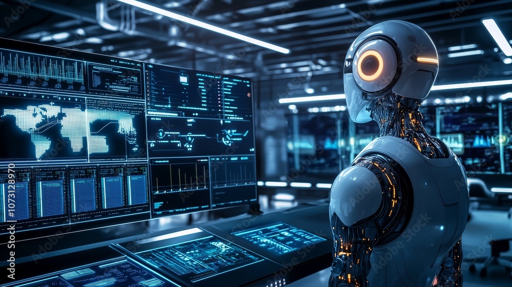 Poster a future-ready control room featuring a sleek robot and advanced technology for artificial intellige