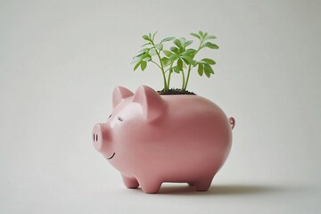 A white piggy bank with a green plant growing from it, symbolizing savings and environmental sustainability in a bright space