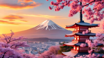 Japanese volcano mountains with Sakura  flowers with Japanese architectural buildings sunrise mountain