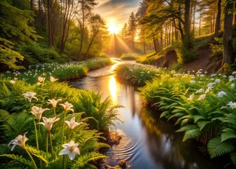 Tranquil Morning at a Gentle Creek with White Lilies and Fern-Covered Banks, Bathed in Soft Sunlight – A Serene Landscape Photography Experience