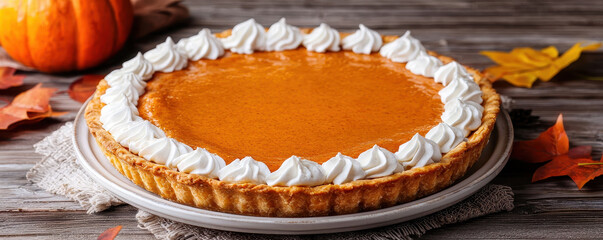 Delicious pumpkin pie with whipped cream, perfect for Thanksgiving celebrations. warm autumn colors and seasonal decor create cozy atmosphere