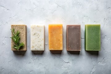 Overhead View of Colorful Rectangular Soap Bars on Light Gray Background - Aesthetic Product Photography for Soap Display and Home Decor