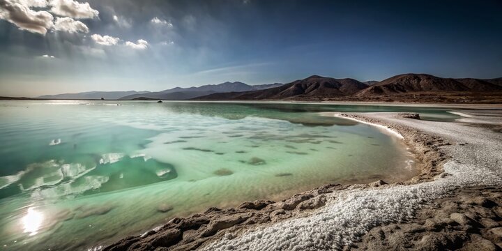 Tranquil Minimalist Landscape of Lake Assal in Africa: A Stunning Representation of Nature's Serenity and Unique Geography with Vibrant Colors and Calm Waters