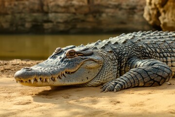 Fototapeta premium Crocodile Sunbathing by the Riverbank