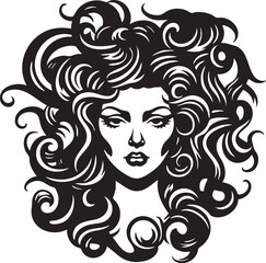 Vector illustration of a woman’s face with flowing, intricate curls, evoking a Medusa-inspired style. Ideal for tattoo art, mythology, and elegant design themes