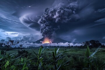 Fototapeta premium Erupting Volcano Spewing Ash and Lava at Night