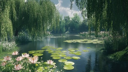 A serene pond with lily pads and pink flowers in a lush green forest, with weeping willow trees and a blue sky with white clouds.