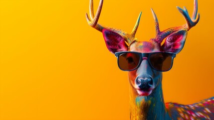 deer wearing sunglasses on a yellow color background, vector art, digital art, faceted, minimal, abstract, panorama background. Generative AI.
