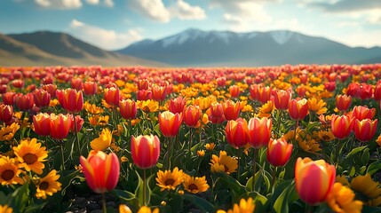 Red and Yellow Tulips Blooming in a Field with Mountains in the Background