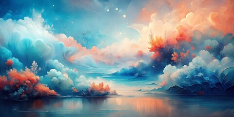 Serene Abstract Digital Painting with Ethereal Blue and Coral Hues for Modern Designs, Wedding Invitations, Elegant Wallpapers, and Creative Backgrounds