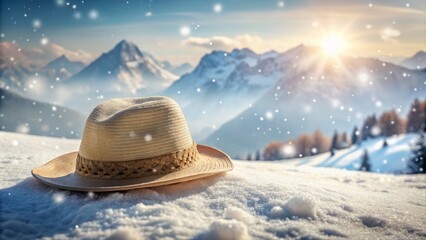 Serene Minimalist Winter Landscape Featuring a Mountain Hat Surrounded by Snowflakes and Christmas Cheer, Capturing the Essence of a Joyful Holiday Season in Nature