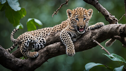 Leopard cub playing on a jungle branch, Ai Generated