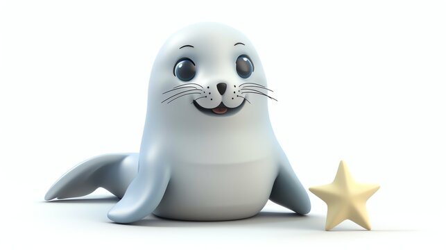 A cartoon seal with a big smile, sitting next to a yellow star.