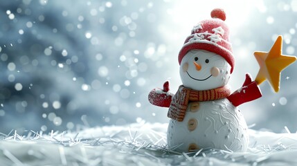 Fototapeta premium A snowman wearing a red hat and scarf, holding a yellow star.