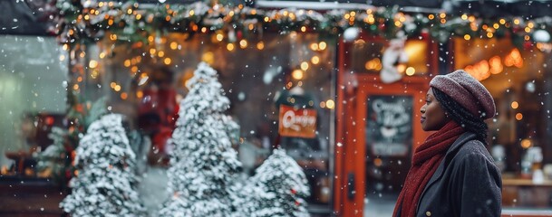 Obraz premium A black woman walks past a small cafe on a winter city street with a festive entrance, exterior with Christmas and new year decorations. The snowfall, the cozy welcoming atmosphere.