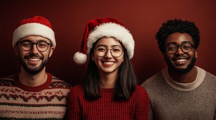 Fototapeta premium A diverse group of people wearing Christmas sweaters and Santa hats on a vibrant red holiday background. They are smiling, radiate festive joy, celebrating the Christmas and New Year season together