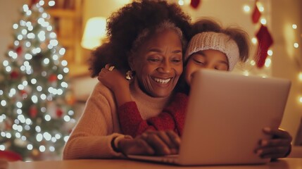 An black grandmother and her granddaughter are enjoying a video call with family members on a laptop during Christmas. They’re smiling warmly, festive holiday moments by cozy holiday decorations