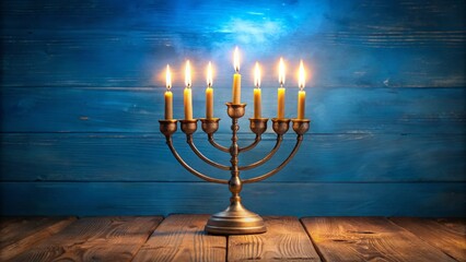 Stunning Hanukkah Menorah with Burning Candles on Wooden Table Against a Blue Background, Perfectly Composed with Rule of Thirds for Celebratory and Holiday-Themed Imagery