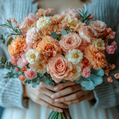 Obraz premium Woman holding bouquet of peach and pink flowers in cozy sweater indoors
