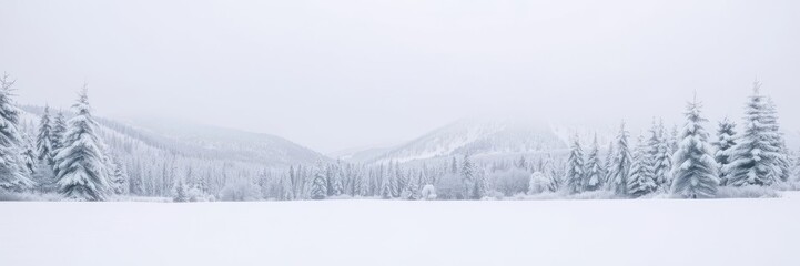 Fototapeta premium Vast winter landscape covered in fresh snow, with trees and mountains in the background, wilderness, environment, winter season