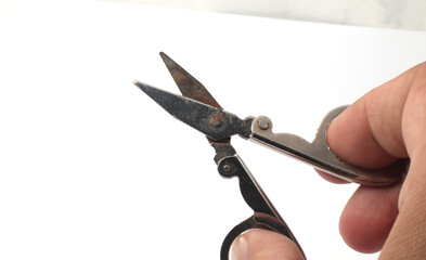 A hand holding the scissors in an open position, angled to show both blades and handles on a white background.
