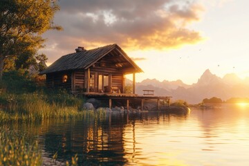 Fototapeta premium Cozy Cabin Water's Edge