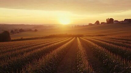 Obraz premium Golden Hour Sunset Over a Cornfield with Rolling Hills