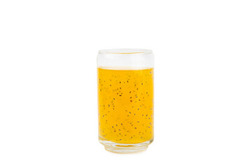 Diet detox cocktail with basil and chia seeds in glass jar and glass isolated on white background....