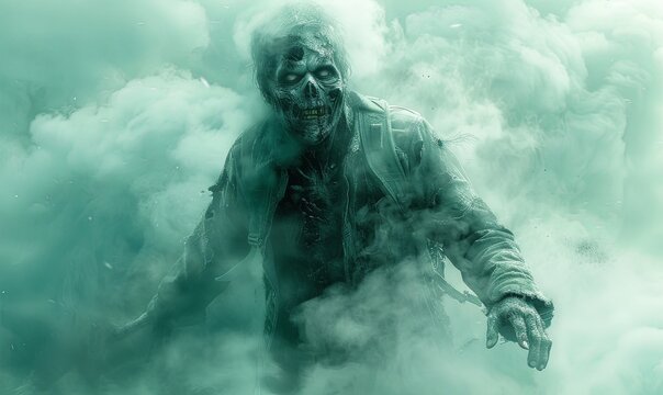 In a misty atmosphere, a feral zombie with crazed eyes looms forward, driven by an insatiable hunger, seeking its next meal amid eerie fog and muted colors