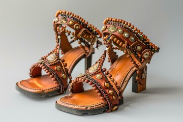 Stylish brown high heel sandals decorated with beads and other elements standing on gray background