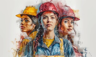 A dynamic group of construction workers, including women, showcases unity and strength as they stand confidently on a construction site, embodying empowerment and teamwork