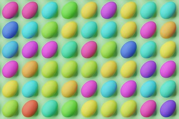 Many colorful eggs on light green background. Top flat view, disorder and grid, diagonal. 3d render, illustration