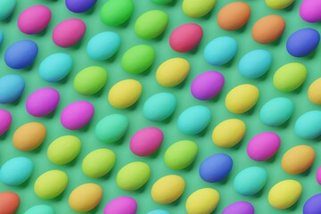 Many colorful eggs on medium sea green background. Top flat view, disorder. 3d render, illustration