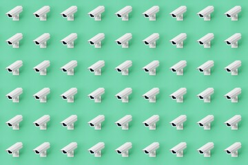 Many cctv on medium sea green background. Top flat view, cameras looking left. 3d render, illustration
