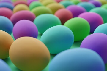 Many colorful eggs on medium sea green background. Closeup view, macro shot, selective focuscloseup shot. 3d render, illustration