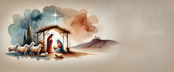 Nativity scene in Bethlehem. Watercolor painting. Christmas scene illustration showing holy family baby Jesus in the manger Joseph and Mary.Banner - copy space