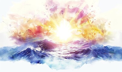 Witness the powerful moment of creation as light emerges from chaos, illuminating the waters in a stunning watercolor depiction inspired by the Book of Genesis