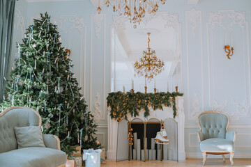Elegant Christmas living room with a decorated tree and festive decor